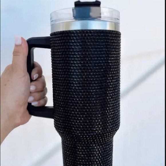 BLACK RHINESTONE 40oz TUMBLER WITH HANDLE- BLING CUP - Picture 2 of 9